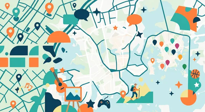 Kuvitus: Helsingin kartta, jossa on harrastusten merkkejä, kuten kitara, maalausteline, pelikonsoli, koripallo ja retkeilijä.