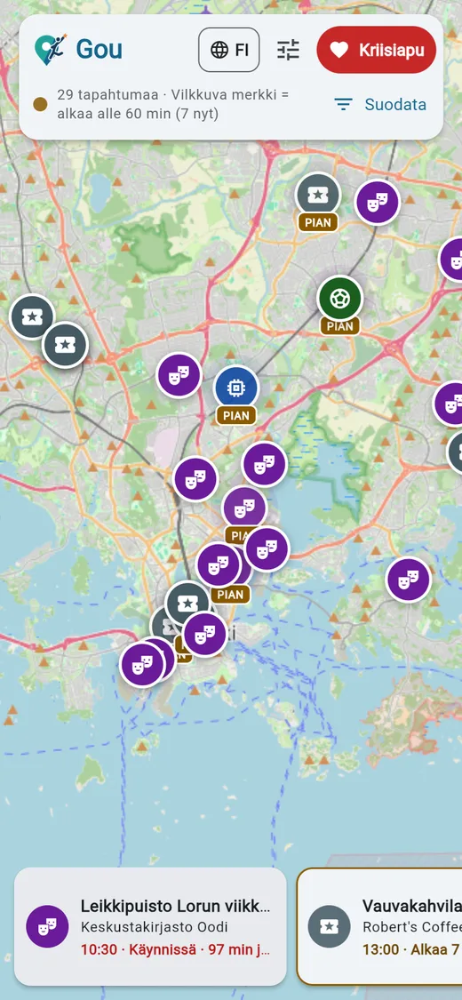 Gou-sovelluksen karttanäkymä: Helsingin kartalla tapahtumamerkkejä ja yläpalkissa suodattimet.